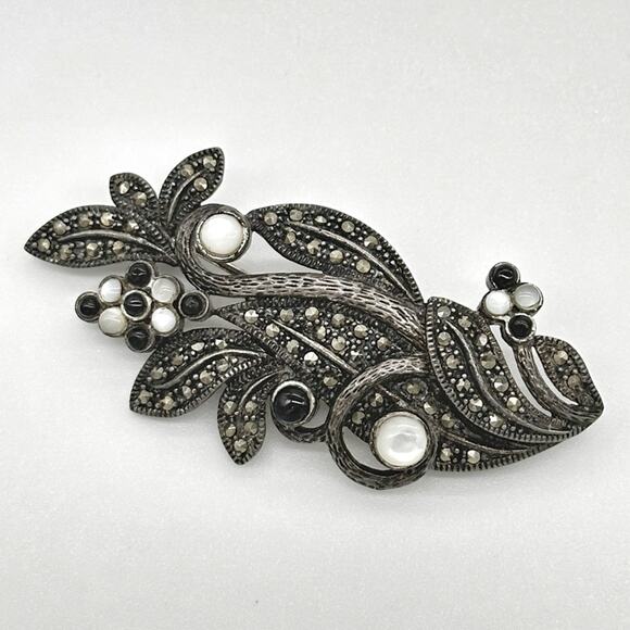 Art Nouveau Style 925 Sterling Silver Marcasite Brooch w Onyx Moonstone Details - Picture 1 of 12